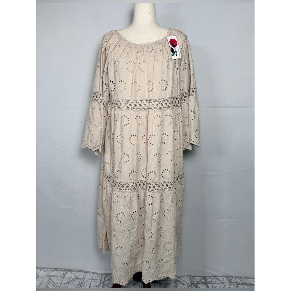 Boho Eyelet Midi Dress in Beige cotton Lightweight Women's Dress Lagenlook I